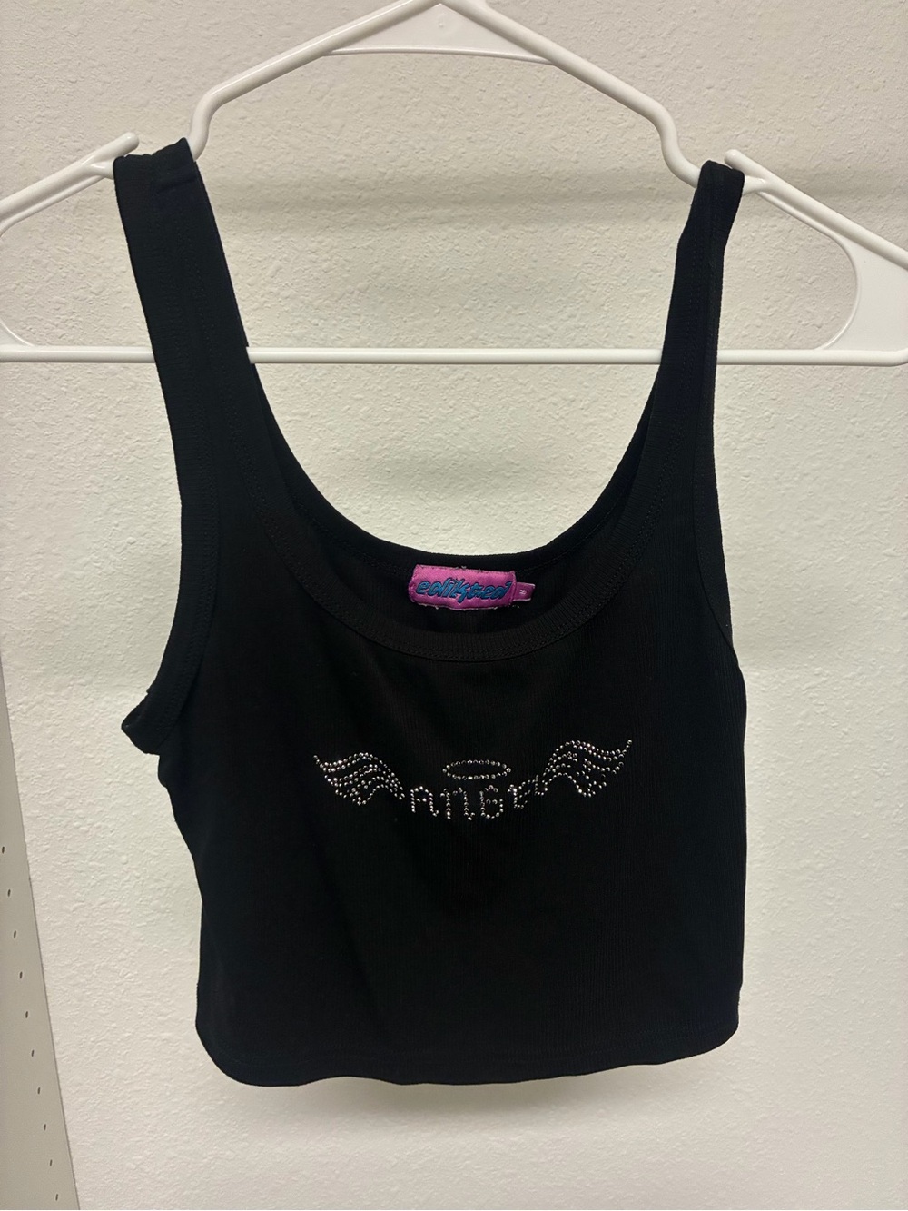 Edikted Black Crop Top with Rhinestone Angel Wing 👼 🖤